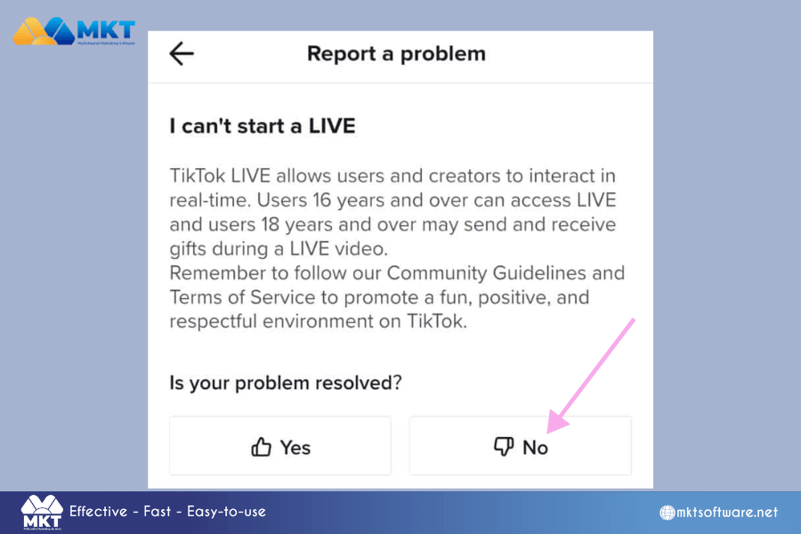 Select I can't start a LIVE. How to go live on TikTok: A step-by-step tutorial