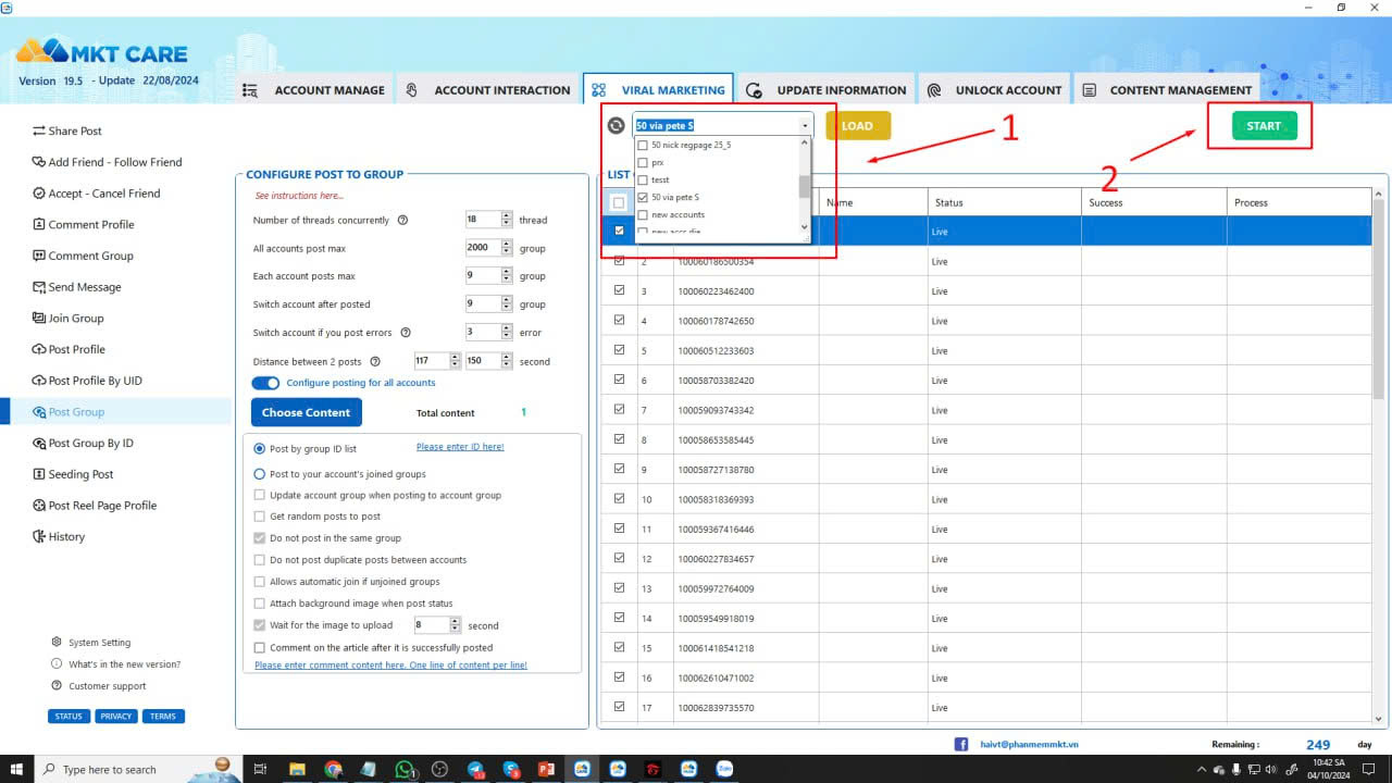 Guide to auto post to Facebook group quickly with MKT Care